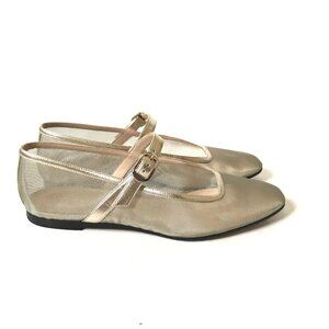 Le Monde Beryl Mary Jane Ballet Flats Womens 41.5 110.5 Gold Mesh Leather Trim